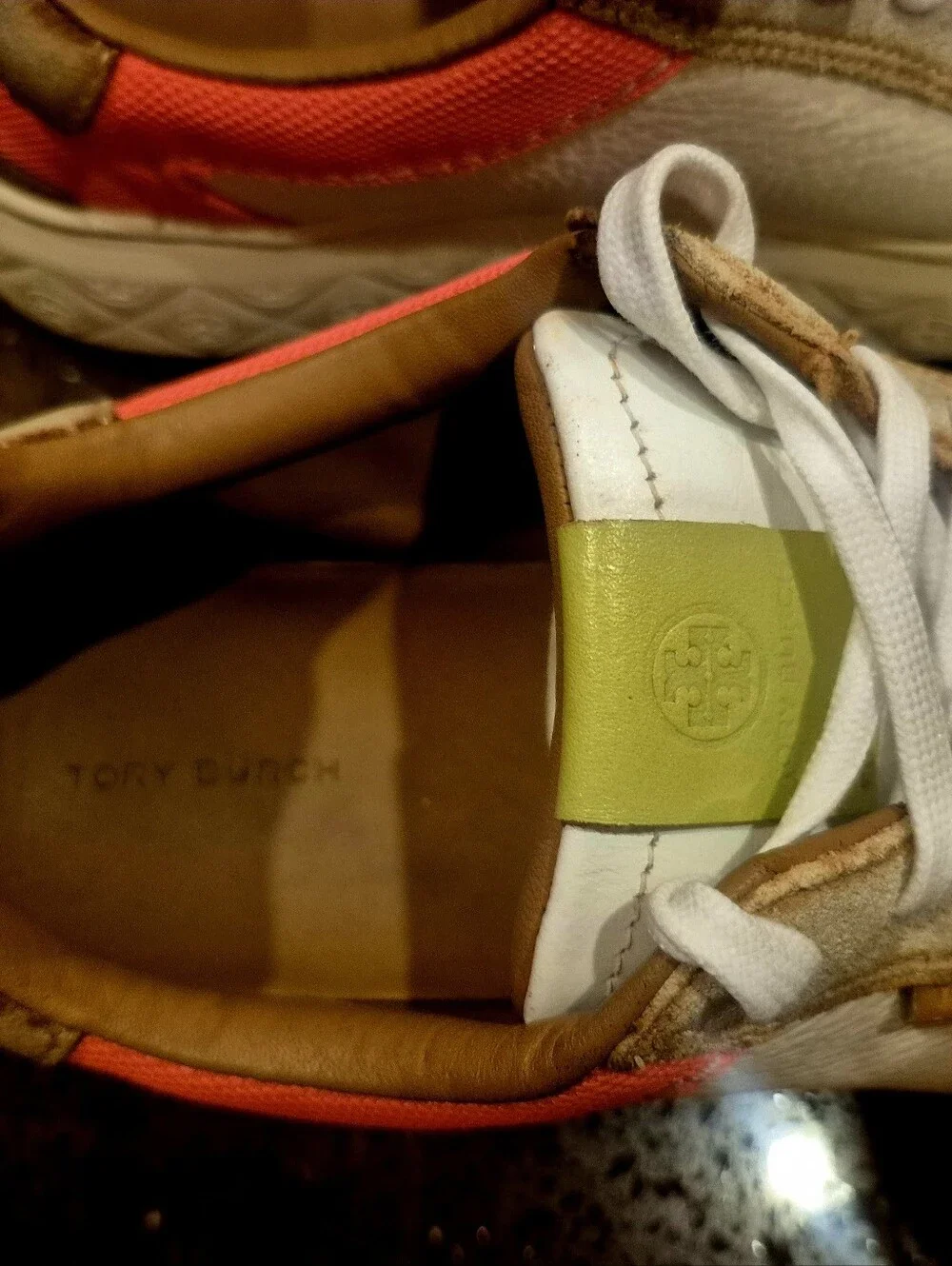 Tory Burch Leather Sneakers in White and Orange-Red with Tan Trim